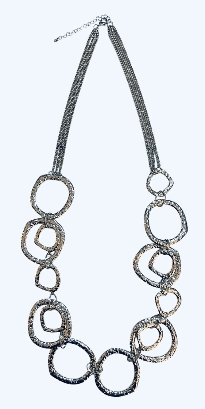 Chicos Necklace Silver Tone Hammered Circle In Circles Triple Chain Link 33”-37”